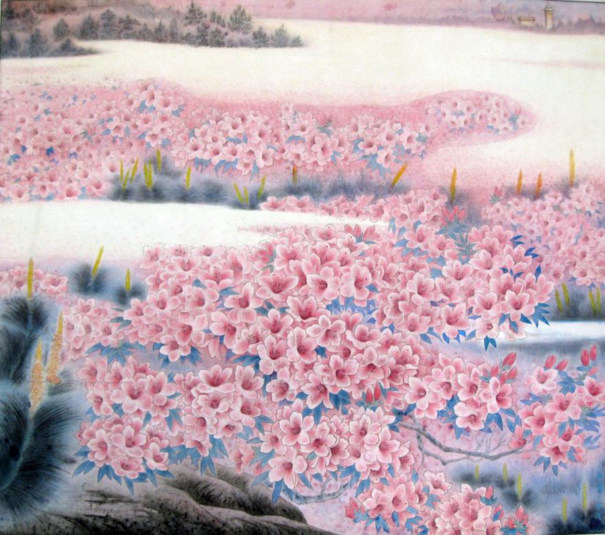 5、 工笔国画《井冈春色 》The Spring Scenery of Jinggang Mountain  1999年作 规格：76X66cm - 副本