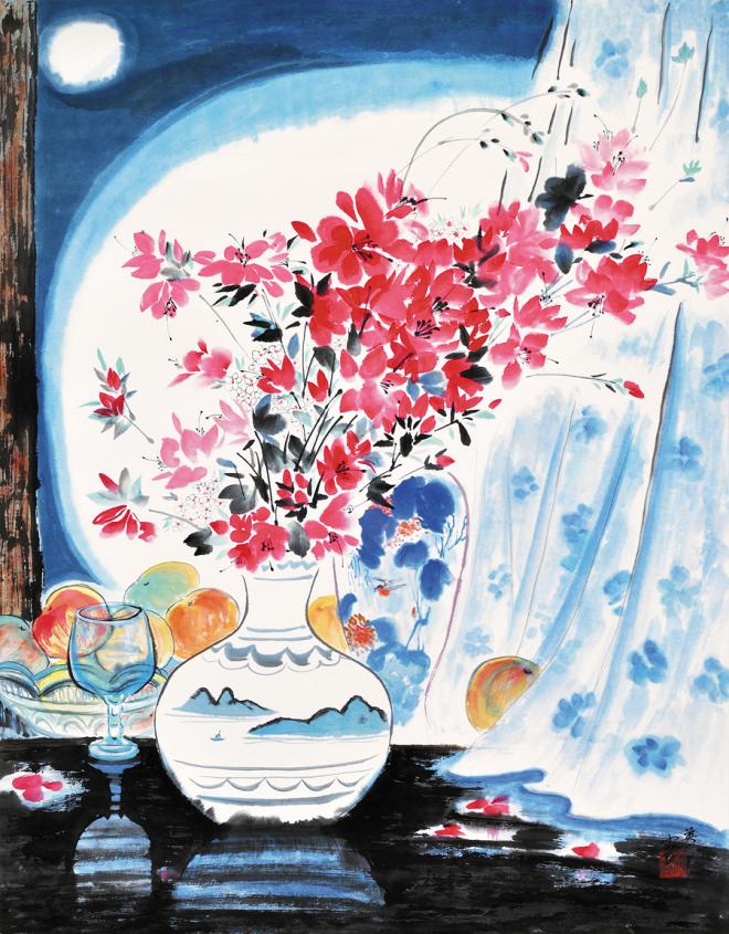 24、寫意花鳥國畫《窗前杜鵑》2002年作 69X88cm