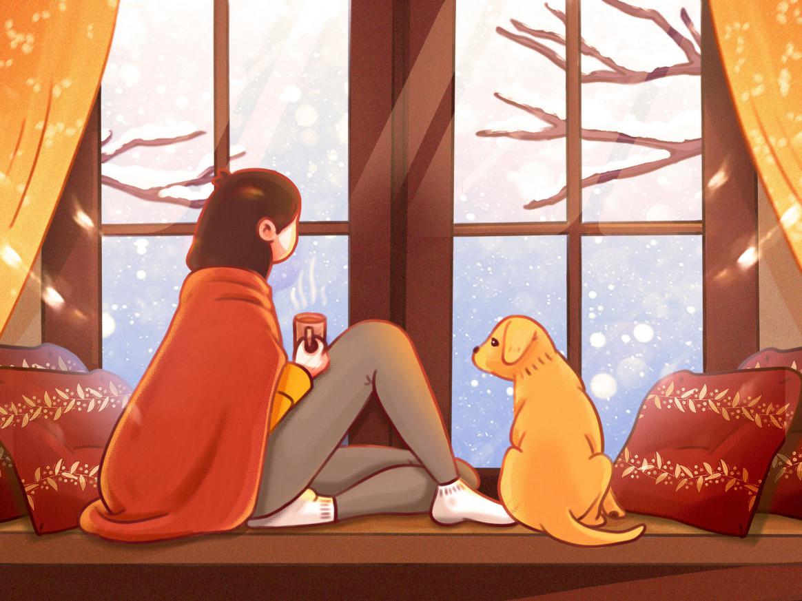摄图网_401860909_banner_冬天坐在窗边赏雪的女孩和狗（非企业商用）